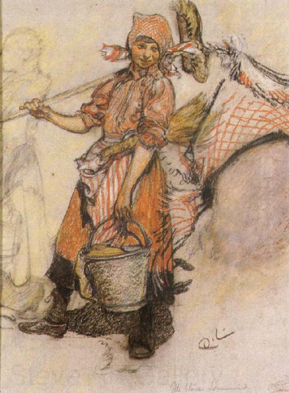 Carl Larsson Study of a Girl wtih Pail and Broom Norge oil painting art